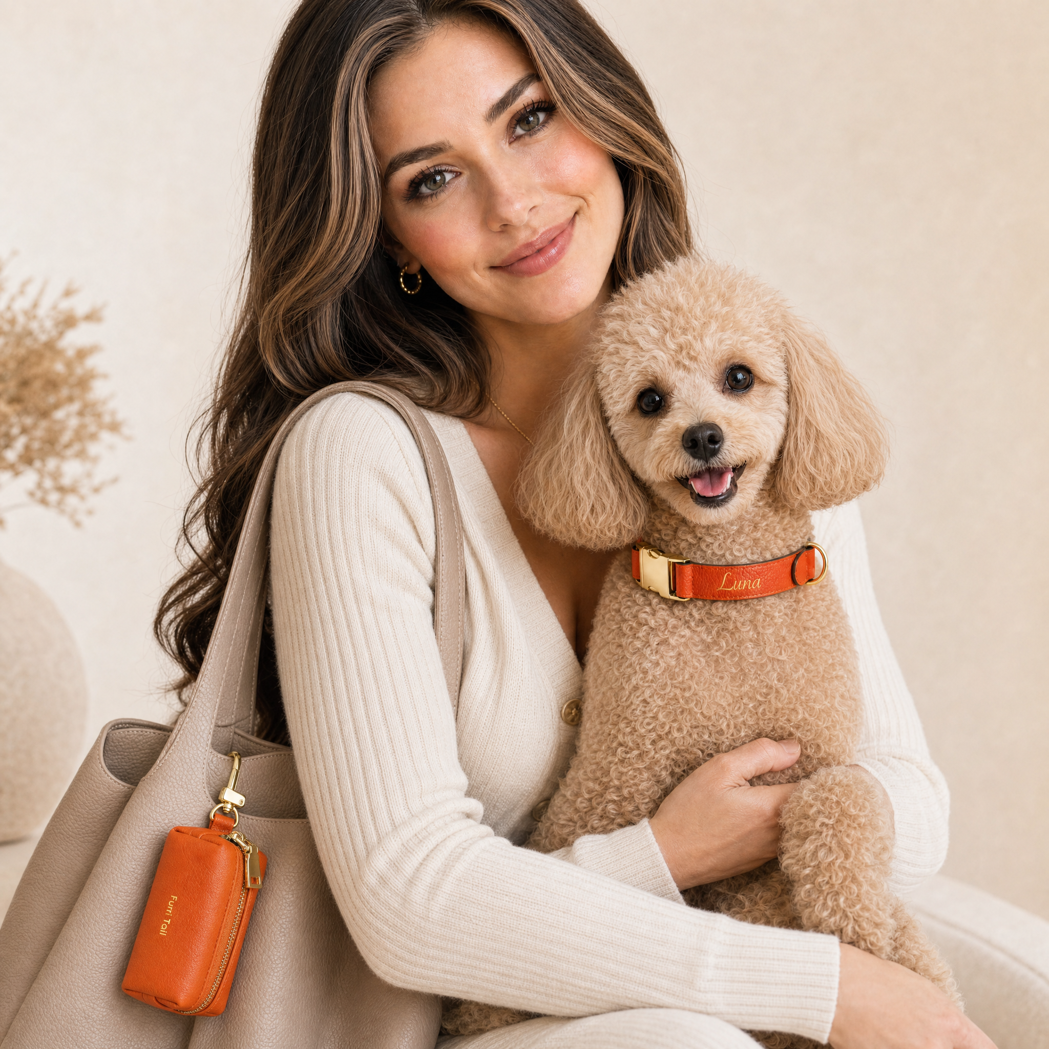 ElegantOwnerwithTanPoodleandOrangeDispenser.png