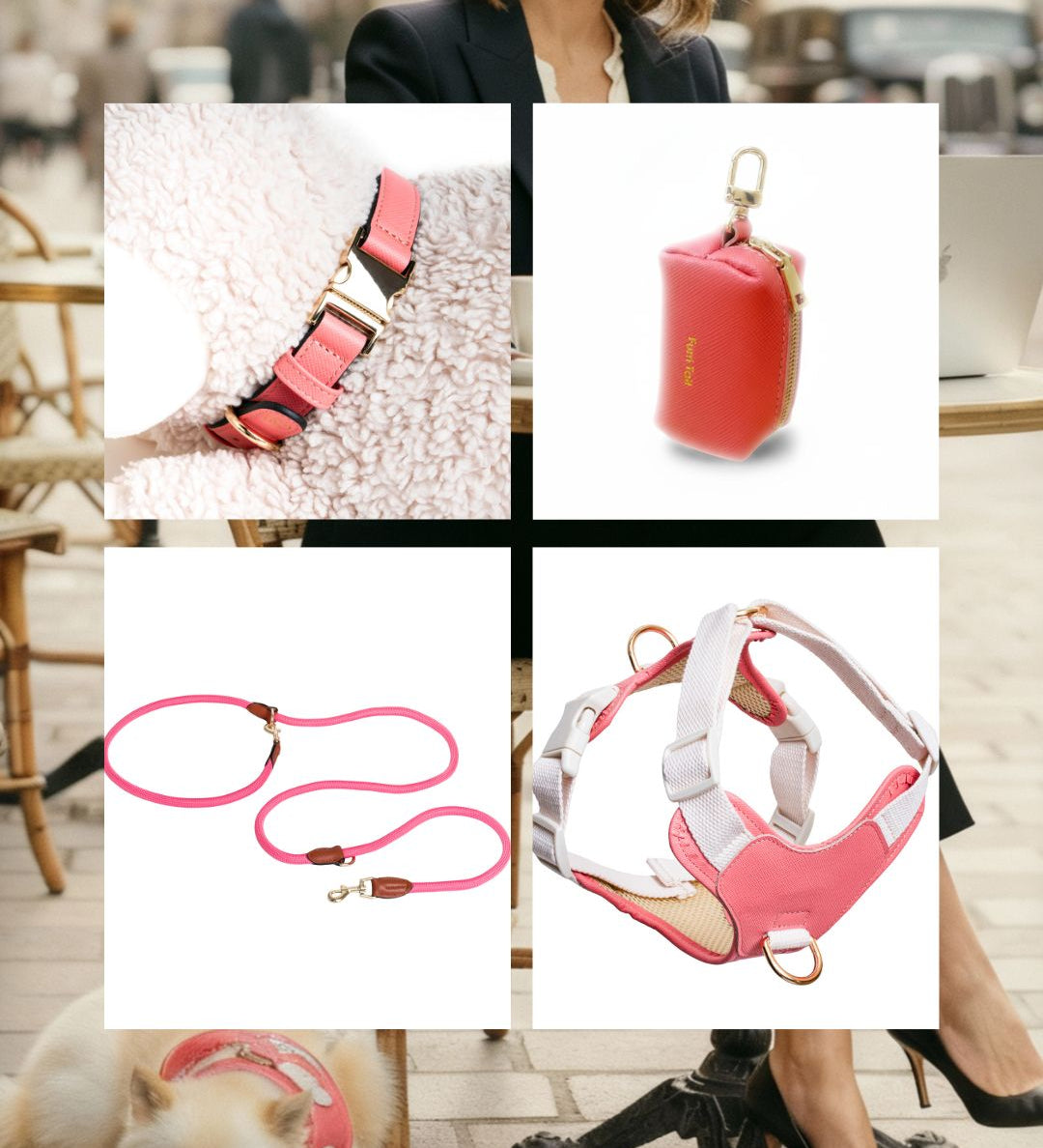 Collage of pink pet accessories including a collar, leash, and harness.