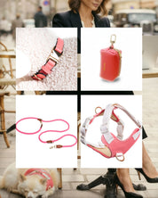 Collage of pink pet accessories including a collar, leash, and harness.