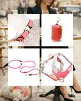 Vivid Collection: 4-in-1 Leather Luxe Set Handcrafted Collar • Versatile 3-Way Leash • No-pull Harness • Chic Poop Bag Holder- Flamingo Pink
