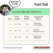 Canvas collar size chart for dogs with a dog's head icon and text, and Furri Tail branding.