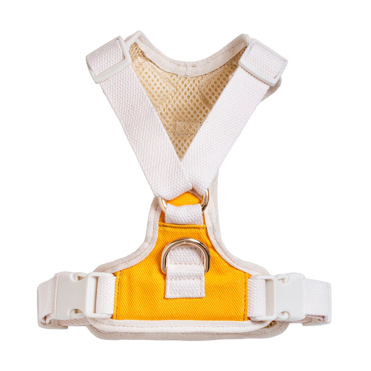 Yellow and white dog harness on a white background