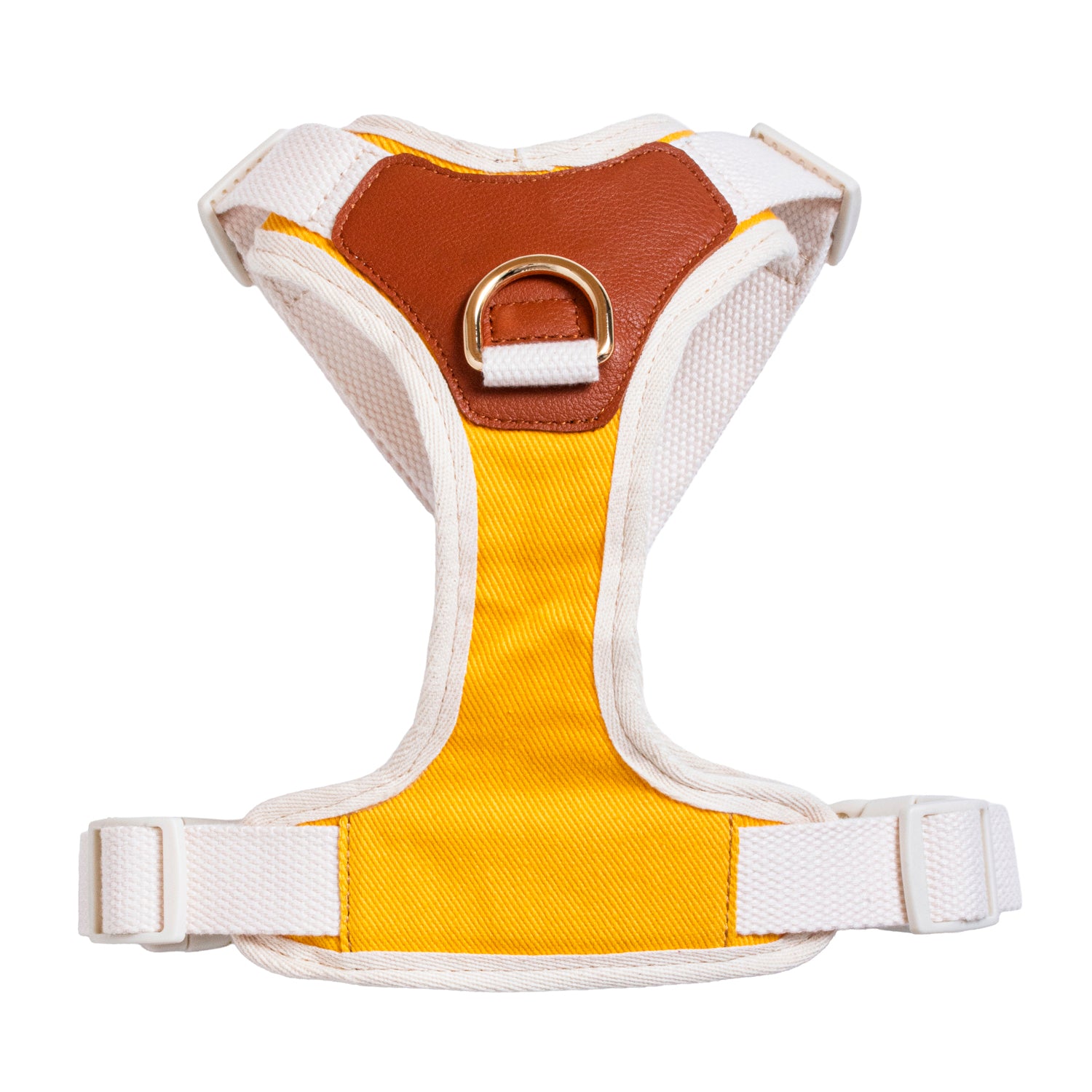 Dog harness with yellow center, brown accents, and white straps on a white background