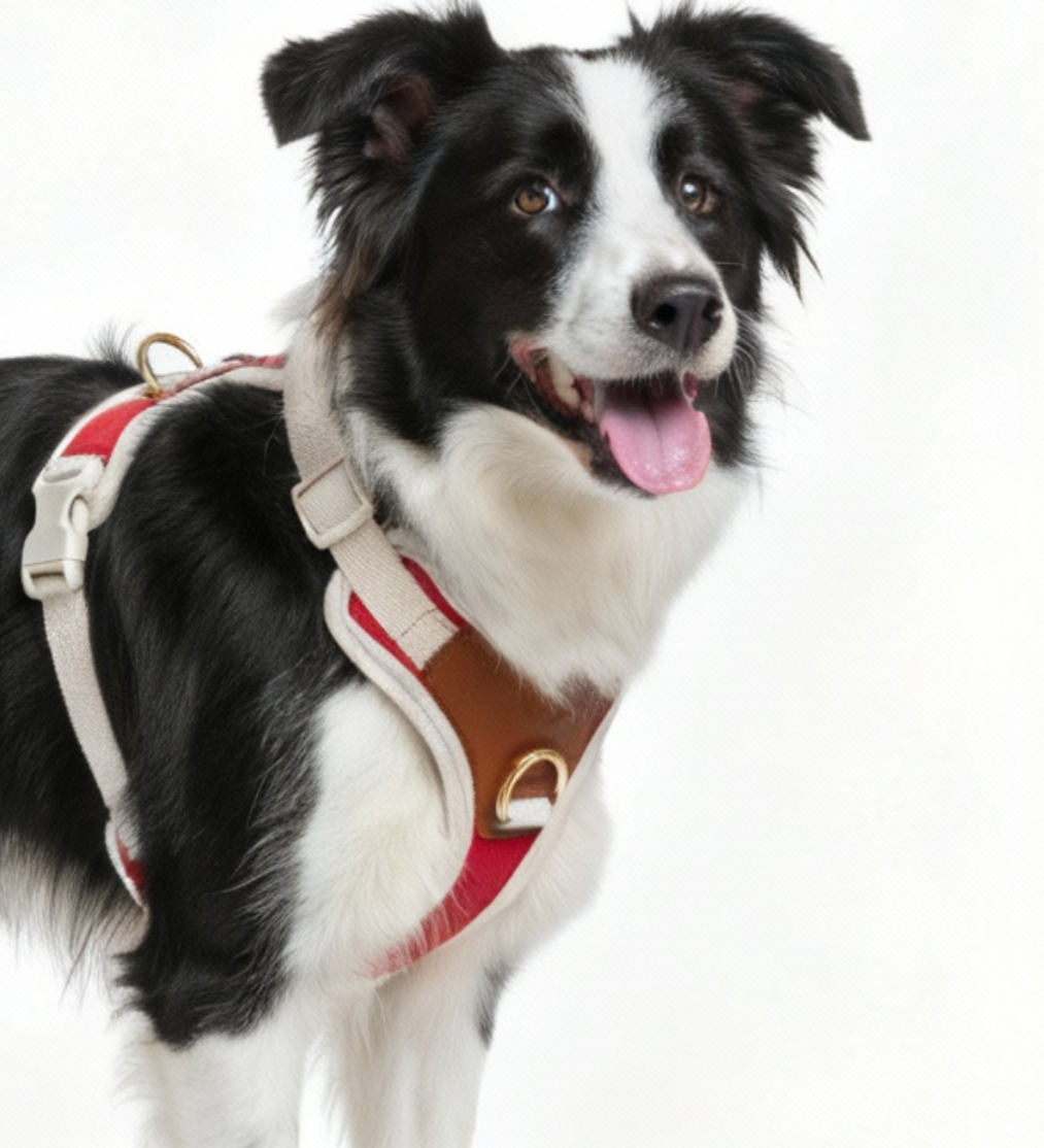 Dog wearing a harness on a white background