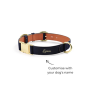 Handcrafted Engraved Leather Dog Collar - Navy Blue