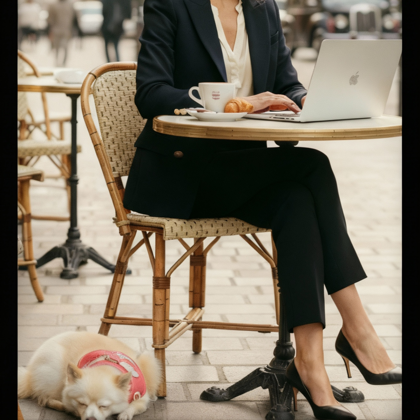 Woman working on a laptop at an outdoor cafe table with a dog beside her.
