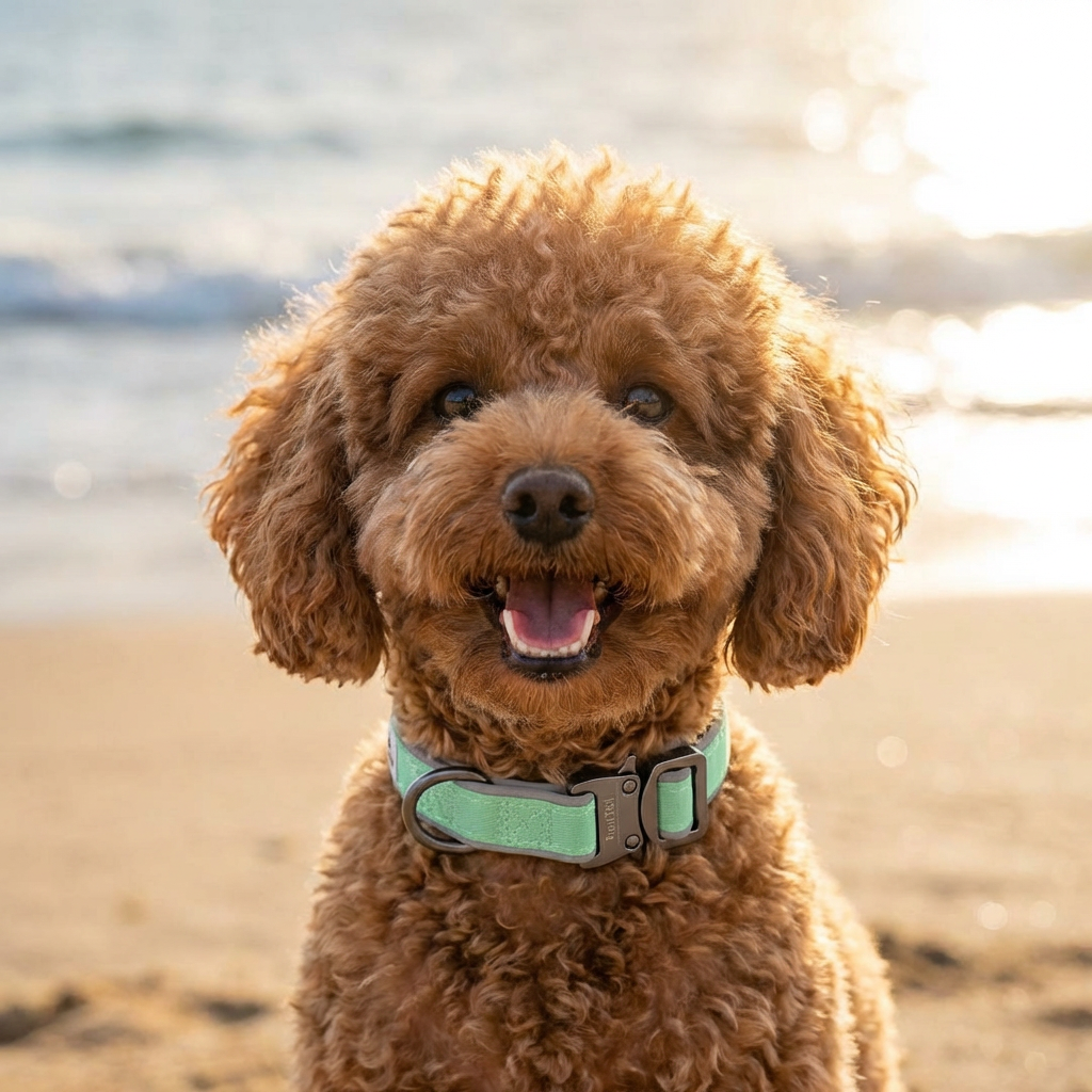 Brown poodle dog with a mint green collar on a beach