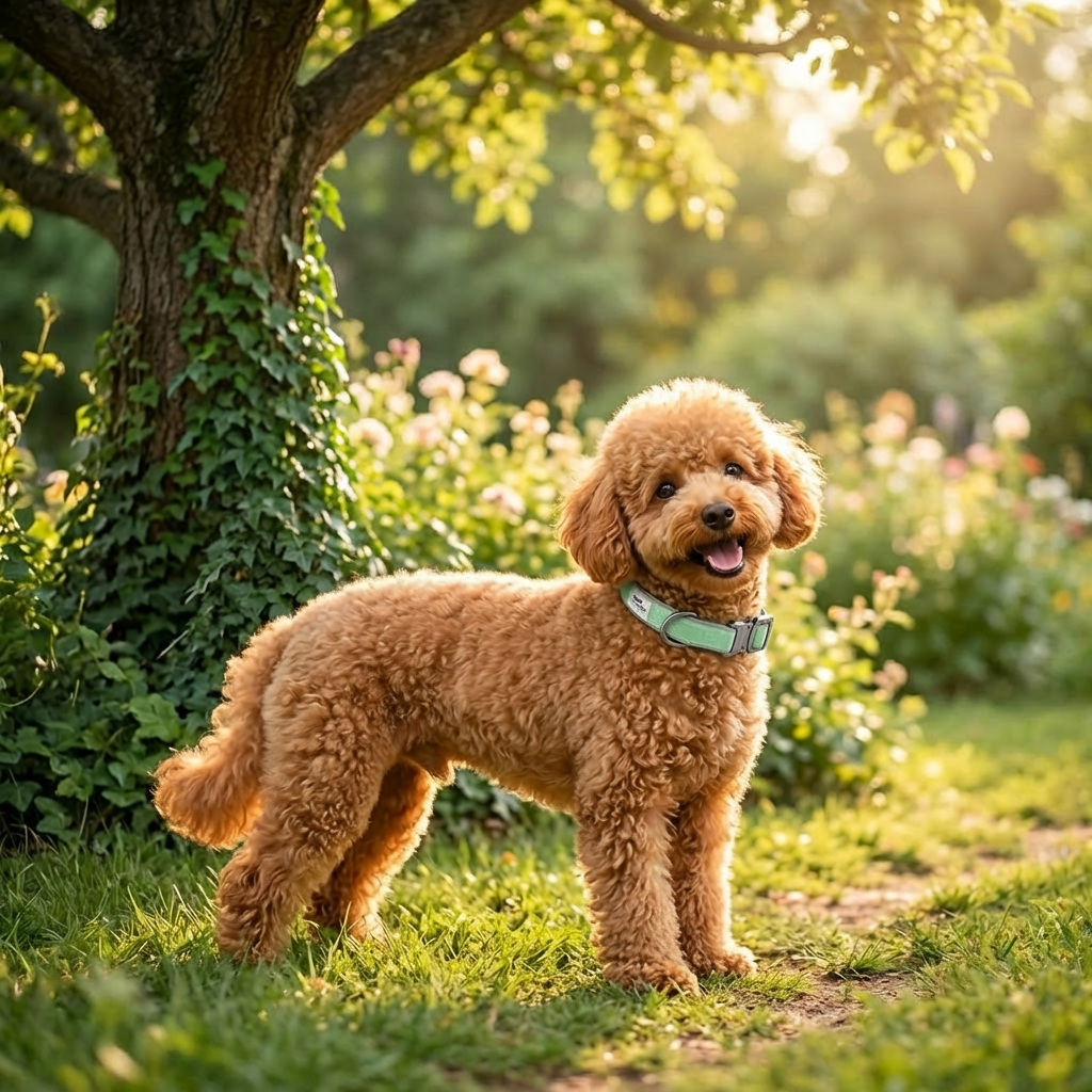 Brown poodle dog standing with a sporty mint green dog collar in a garden with a tree and flowers in the background
