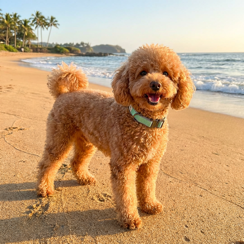 Poodle wearing a mint green sporty collar standing on a sandy beach with ocean and palm trees in the background