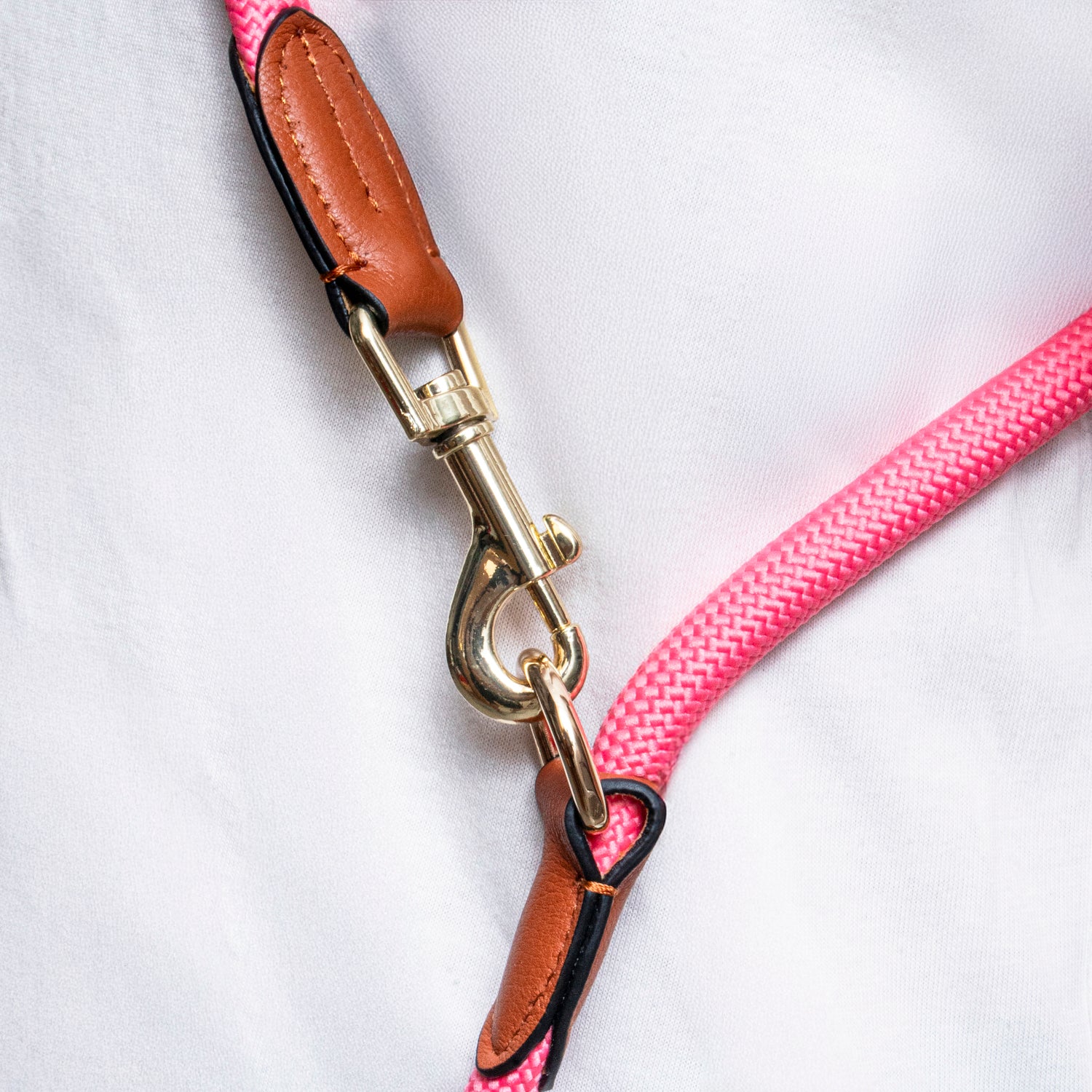 Close-up of a pink dog leash with brown leather and brass hardware on a white background
