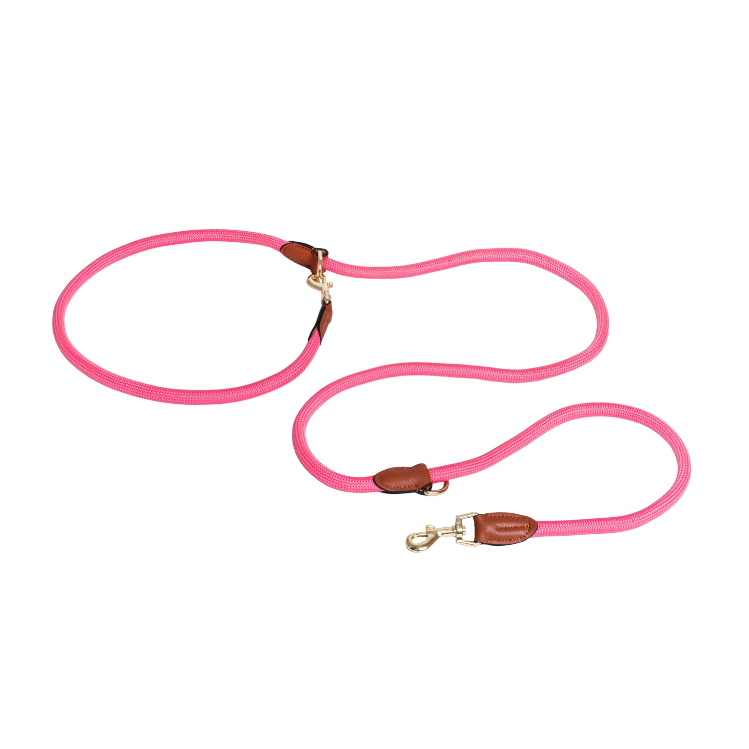 Pink dog leash with brown leather ends and gold clasp on a white background