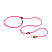 Pink dog leash with brown leather ends and gold clasp on a white background