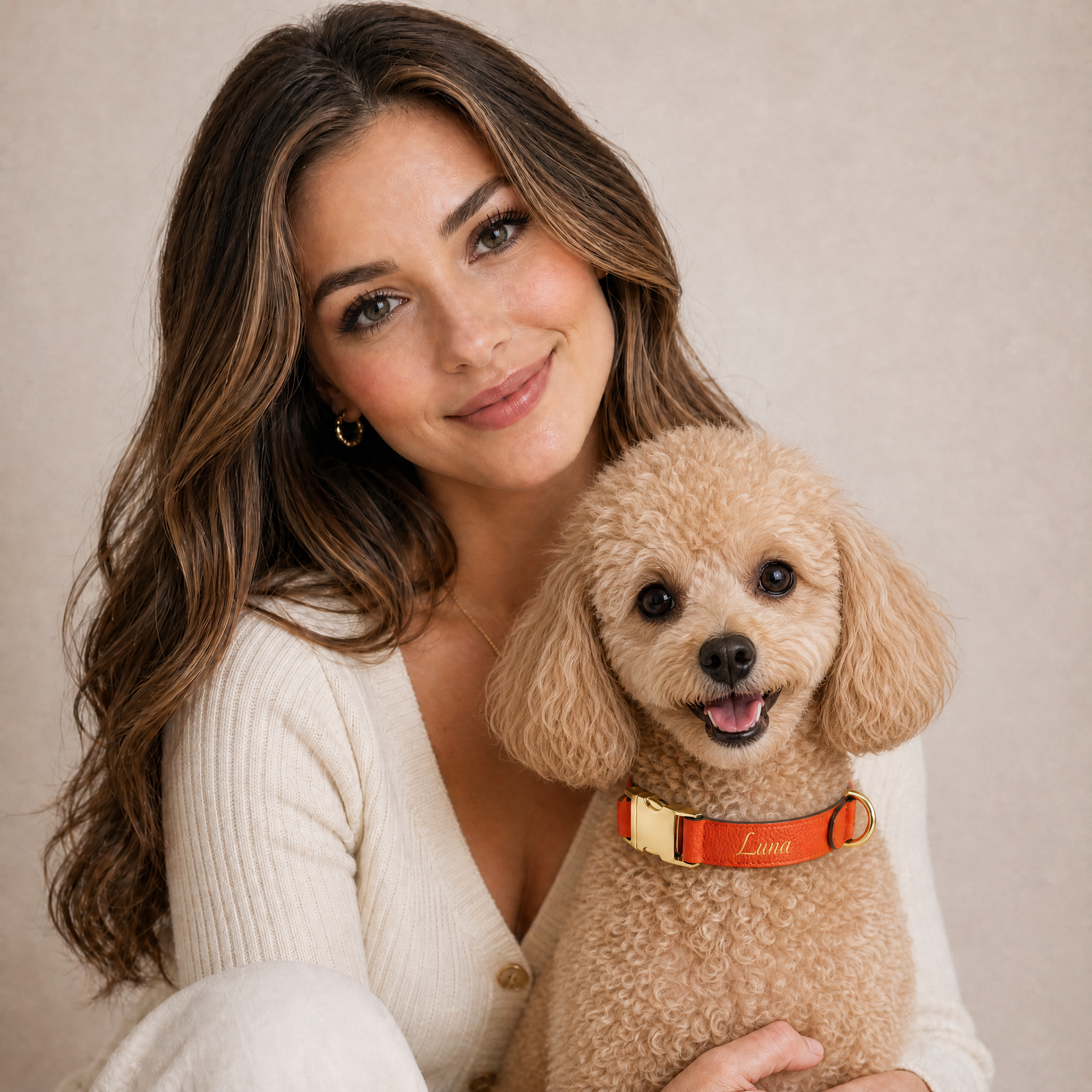 WomanwithLightBrownMiniPoodleSmiley-OrangeLunaCollar.png